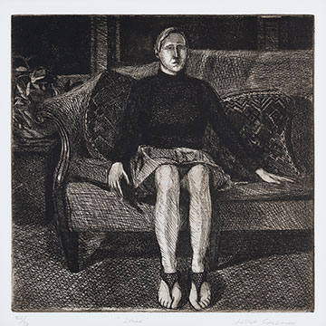 a black and white depiction of a sad figure sitting on a couch - she is wearing a turtleneck, a skirt and sandals